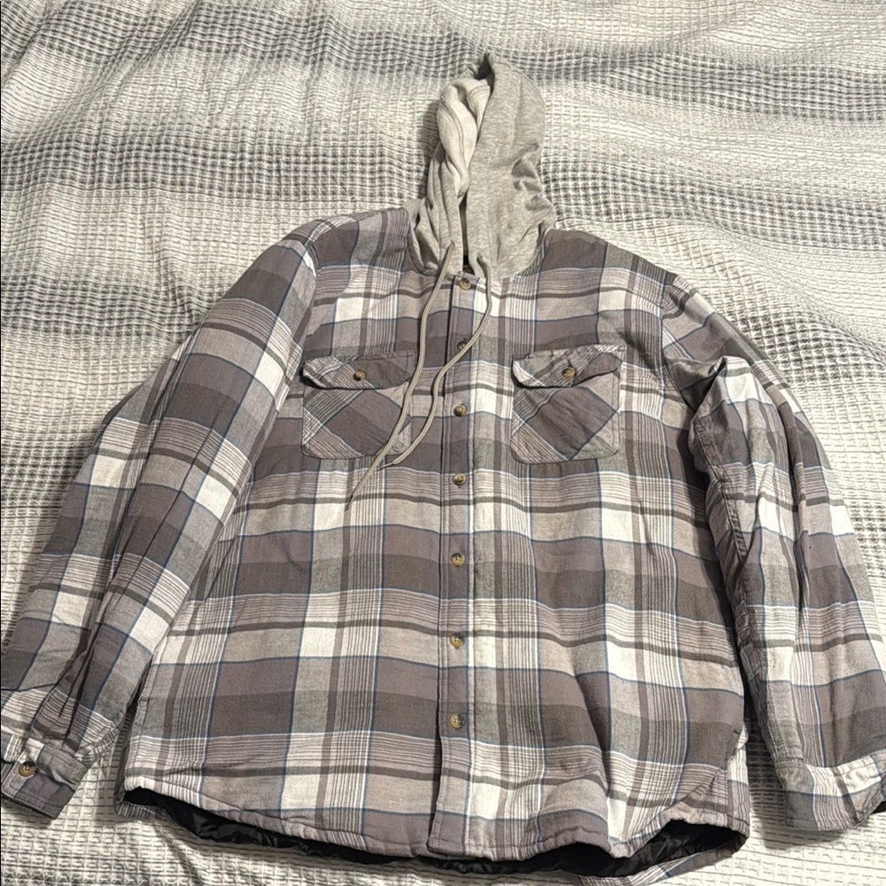 Wrangler Gray Plaid Shirt Jacket with Hood